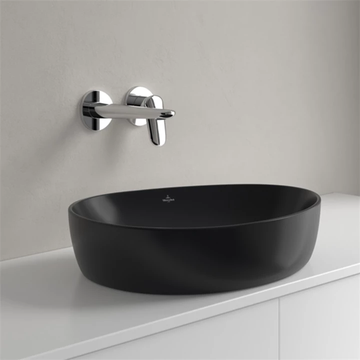 Villeroy and Boch Antao ráültethető mosdó Aszimmetrikus, fali vagy magasított csaptelephez, 510 x 400, Pure Black 4A7351 Villeroy and Boch Antao ráültethető mosdó Aszimmetrikus, fali vagy magasított csaptelephez, 510 x 400, Pure Black 4A7351