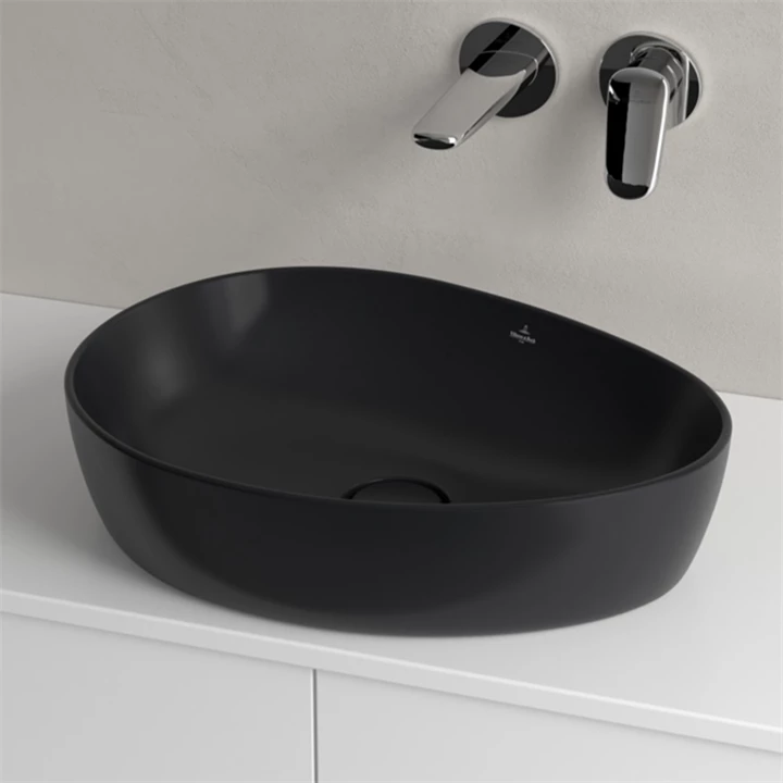 Villeroy and Boch Antao ráültethető mosdó Aszimmetrikus, fali vagy magasított csaptelephez, 510 x 400, Pure Black 4A7351 Villeroy and Boch Antao ráültethető mosdó Aszimmetrikus, fali vagy magasított csaptelephez, 510 x 400, Pure Black 4A7351