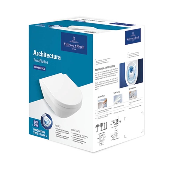 Villeroy and Boch Architectura kombipack falra szerelhető, TwistFlush, ovális, ülőkével, Fehér Alpin CeramicPlus 4694CLR Villeroy and Boch Architectura kombipack falra szerelhető, TwistFlush, ovális, ülőkével, Fehér Alpin CeramicPlus 4694CLR