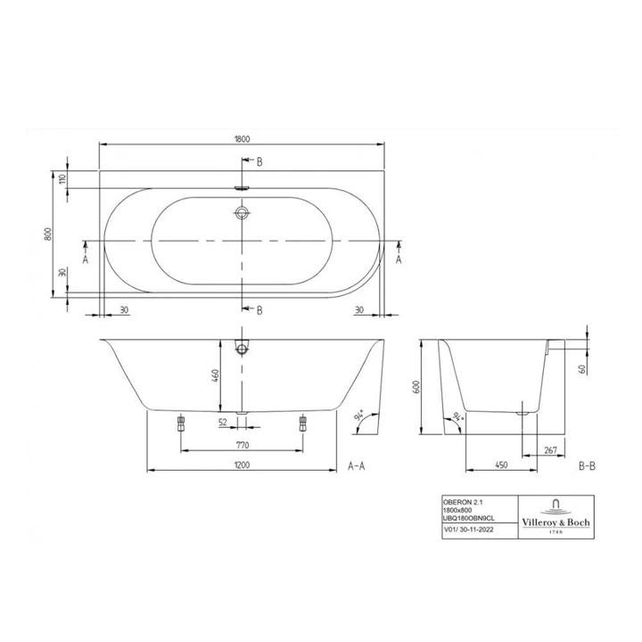 Villeroy and Boch Oberon 2.1 Quaryl fürdőkád 180x80, balos / alpesi fehér UBQ180OBN9CL00VD01 Villeroy and Boch Oberon 2.1 Quaryl fürdőkád 180x80, balos / alpesi fehér UBQ180OBN9CL00VD01