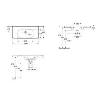 Villeroy and Boch Skyla beépíthető mosdó túlfolyó nélkül, 1000 x 460 mm, Fehér Alpin CeramicPlus 5A51A3R1