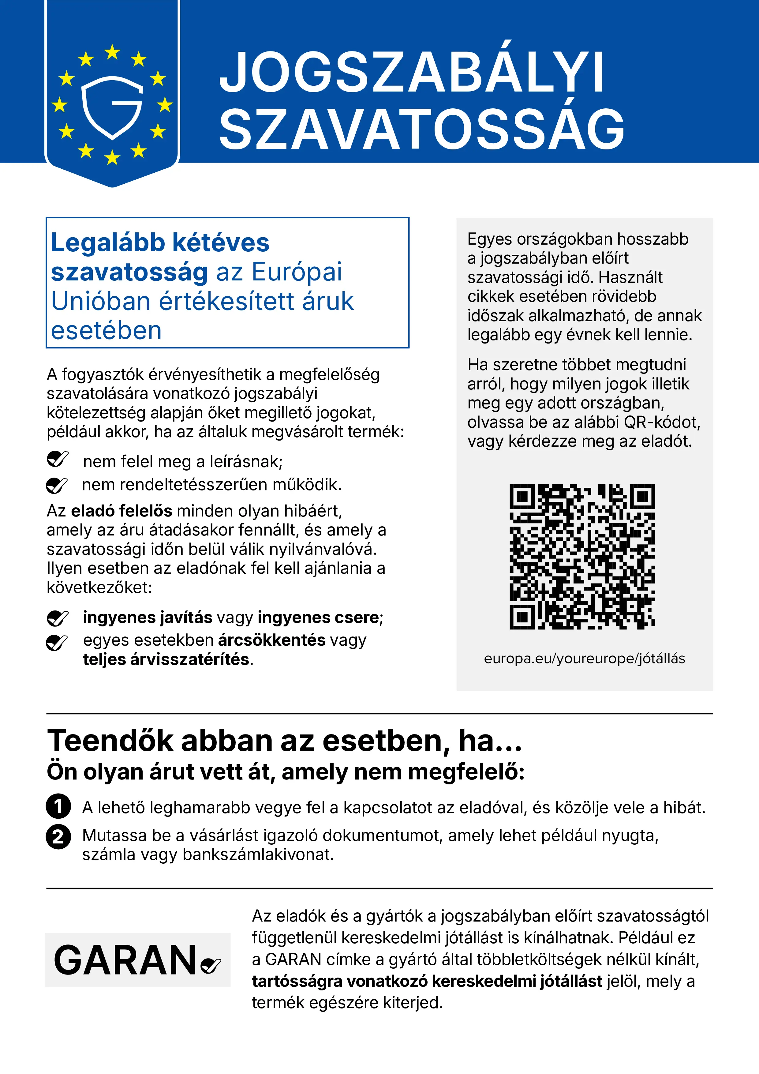 Jogszabályi szavatosság – hivatalos
    fogyasztói tájékoztató