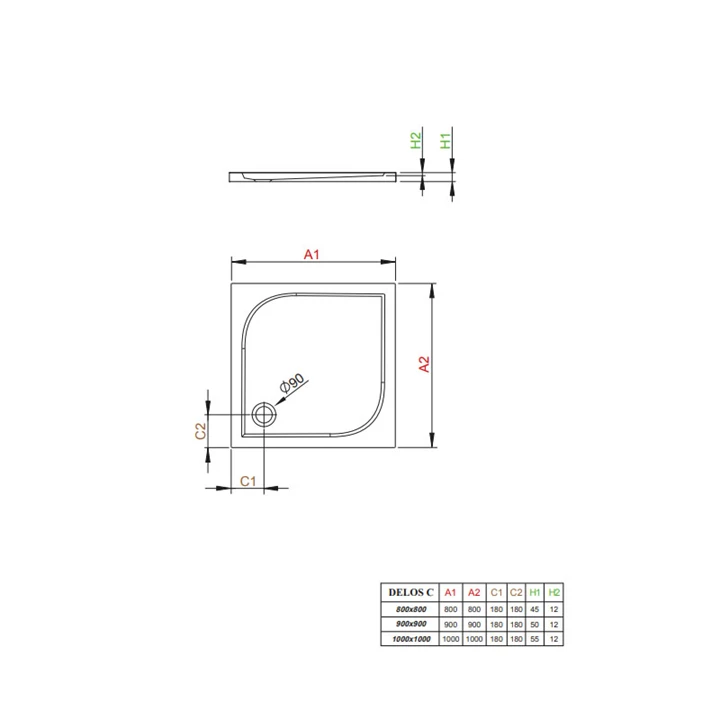 Radaway Delos C szögletes lapos zuhanytálca 80x80 fehér ajándék szifonnal SDC0808-01