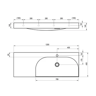 Ravak Lite 120/80 mosdó B/J, túlfolyó nélkül, csaptelep furattal, balos XJXL1212000