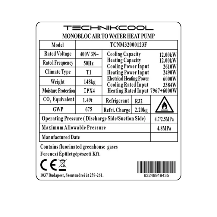 Technik Cool PRO monoblokkos levegő-víz hőszivattyú, 12 kW, 3 fázisú, 400 V TCNM32000123F Technik Cool PRO monoblokkos levegő-víz hőszivattyú, 12 kW, 3 fázisú, 400 V TCNM32000123F